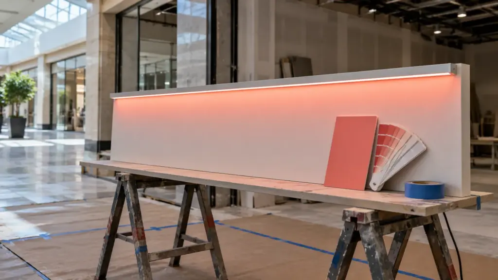 Mall tenant storefront fascia sample lit coral by RGBW strip with a blank color chip fan leaning beside it