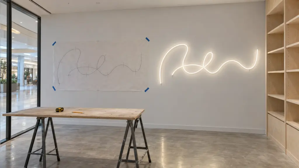 Mall tenant storefront with a neon flex sign being checked against a full-size paper template taped to the wall