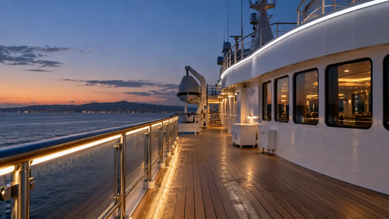 Open deck of a passenger ship at dusk with a lit handrail line and a neon outline along the superstructure