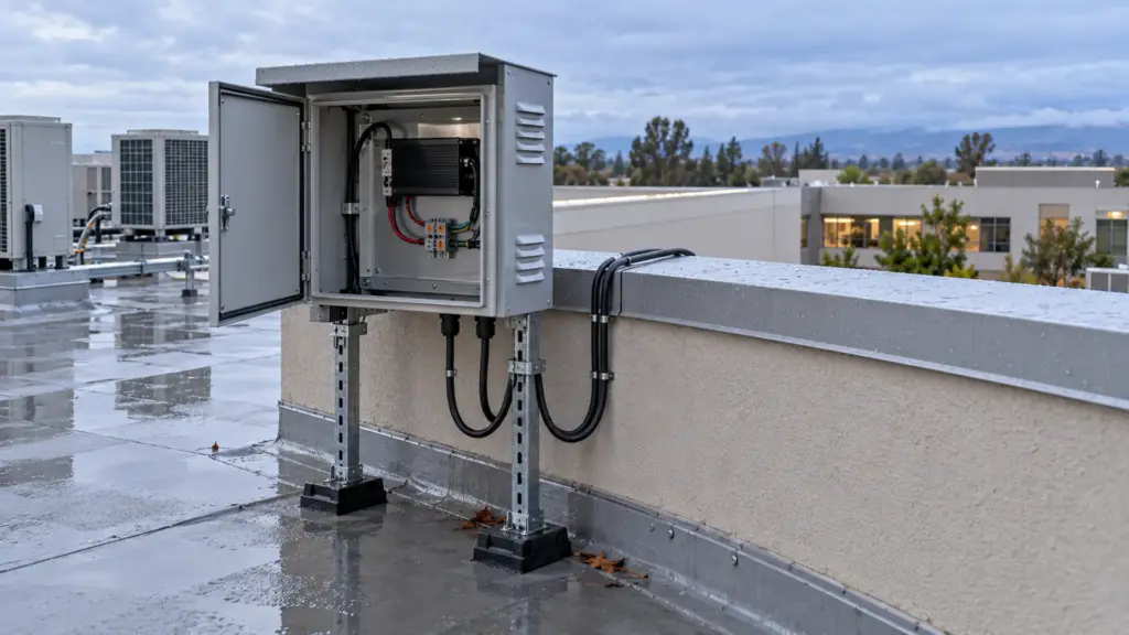 Roof of a medical office building behind the parapet with a potted LED driver in a ventilated weatherproof enclosure and its leads dropping in drip loops
