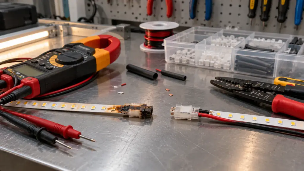 Heat-damaged LED strip connector beside a new joint and a clamp meter on a hotel service bench