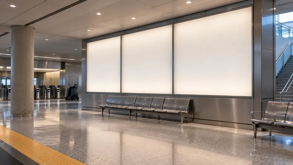 Transit mezzanine wall with a large frosted acrylic panel backlit evenly by dot-free strip, no rows visible
