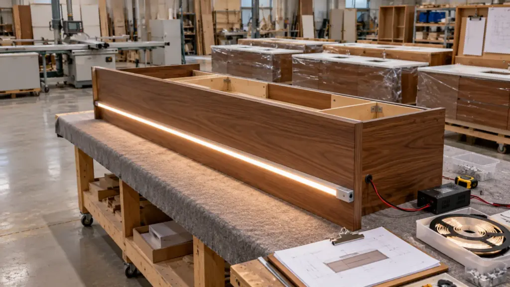 Millwork shop bench with a hotel vanity cabinet on its back getting an aluminum LED channel and strip installed before delivery