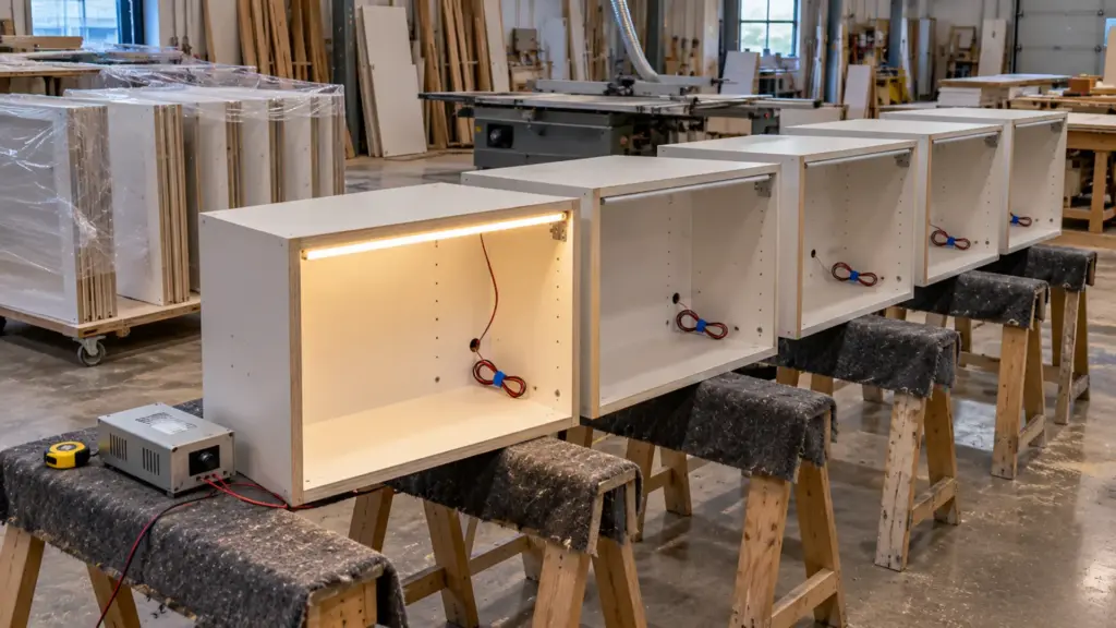 Millwork shop with upper cabinets fitted with LED channels, one run lit for testing