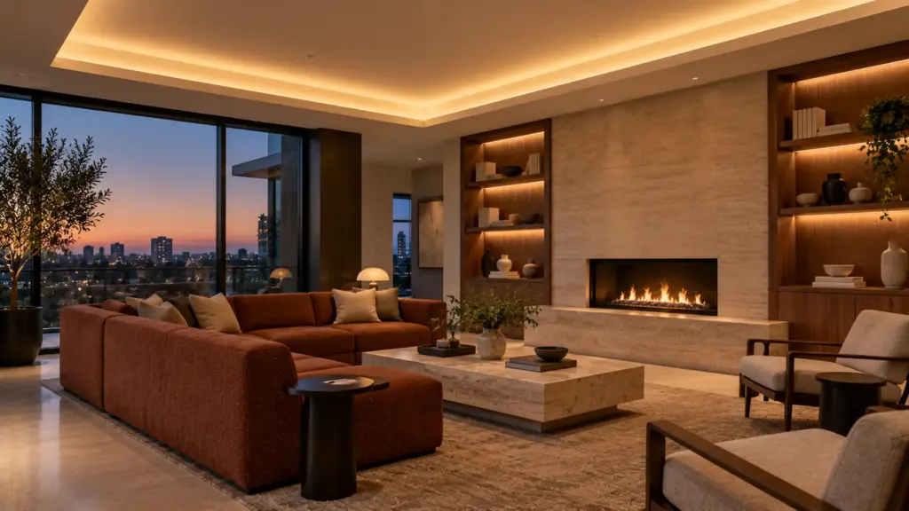 Multifamily amenity lounge in the evening with tunable LED tape in the ceiling cove set warm at 3000K
