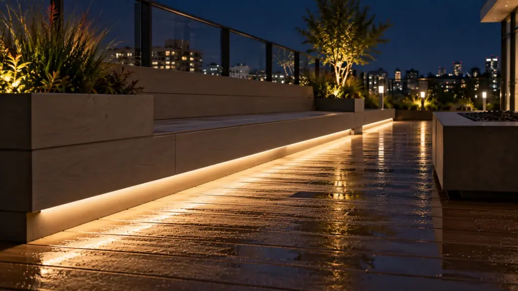 IP67 strip in an outdoor channel under a rooftop amenity deck bench edge