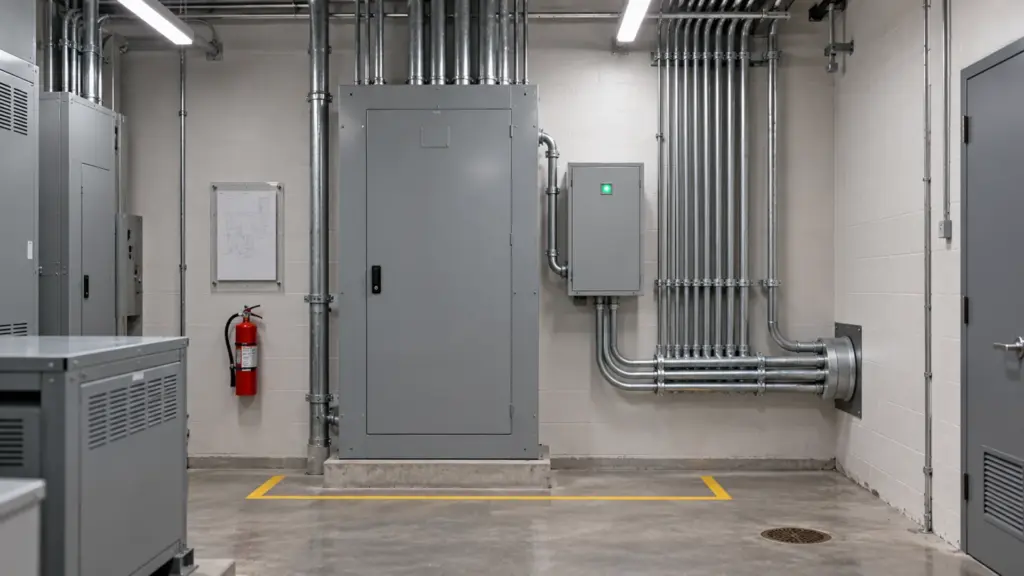 Multifamily service electrical room with a surge protective device mounted beside the main panel and conduit leaving for the roof