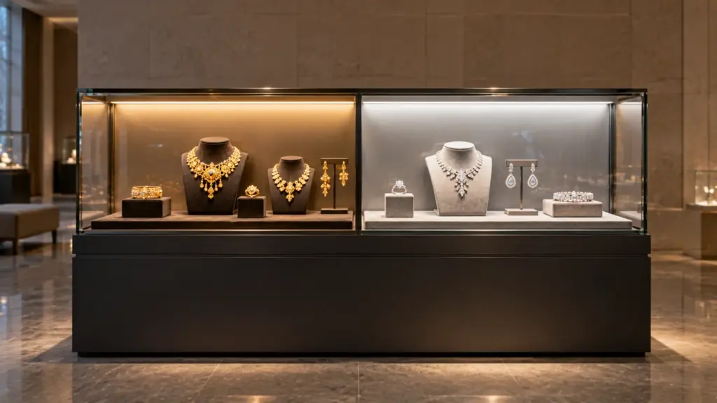 Museum vitrine split into two sections, the gold section lit warm at 3000K and the diamond section lit cool at 5000K by tunable white strip