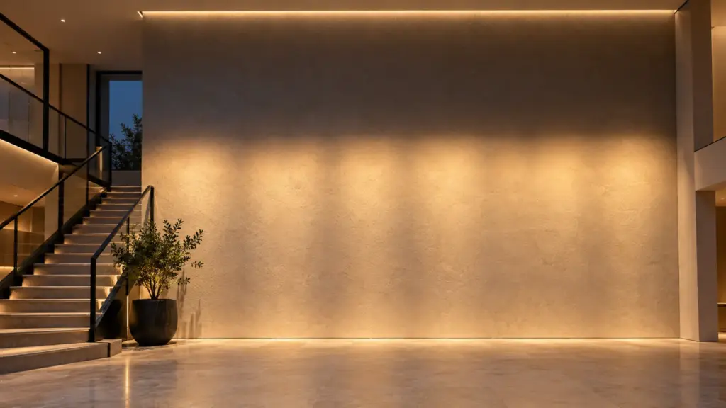 Narrow beam wall washer lighting a tall wall below the ceiling