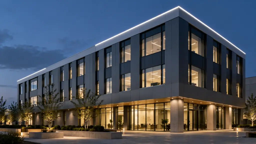 White neon flex line outlining the parapet of a four-story building facade at dusk