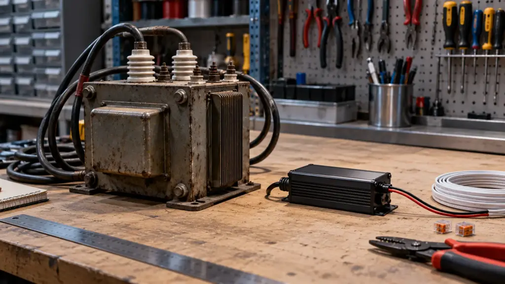 An old high-voltage neon sign transformer beside a small 24V potted LED driver on a sign shop bench