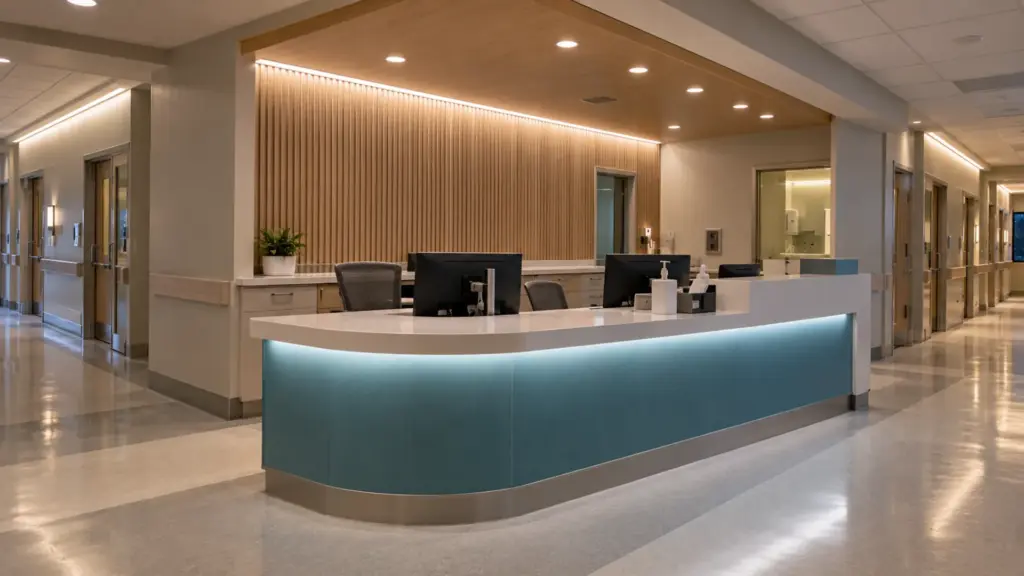 Nurse station with an LED strip channel on the back wall and under the counter lip
