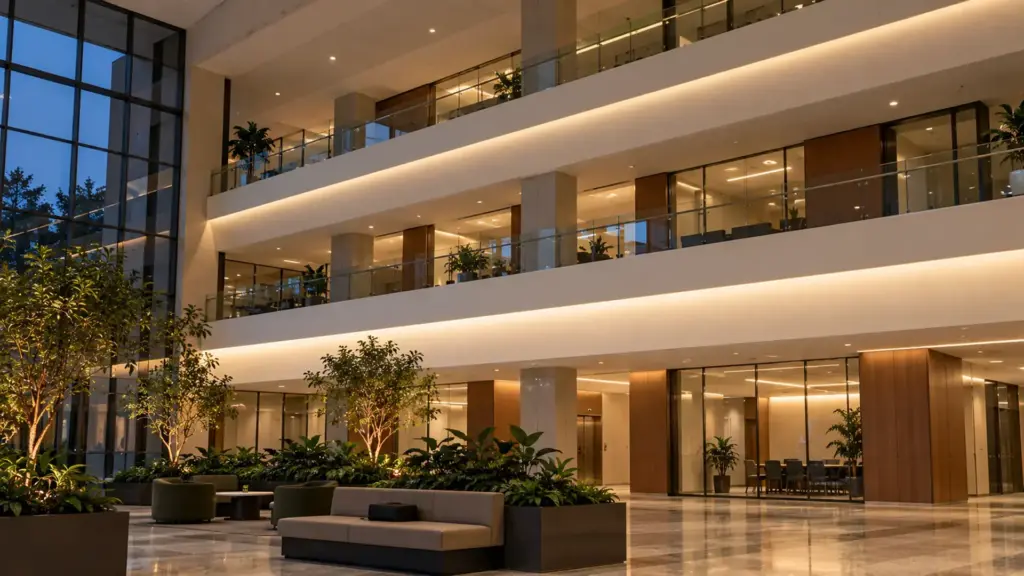 Office atrium with LED strip coves along the balcony fascias on several floors, lit evenly at 4000K
