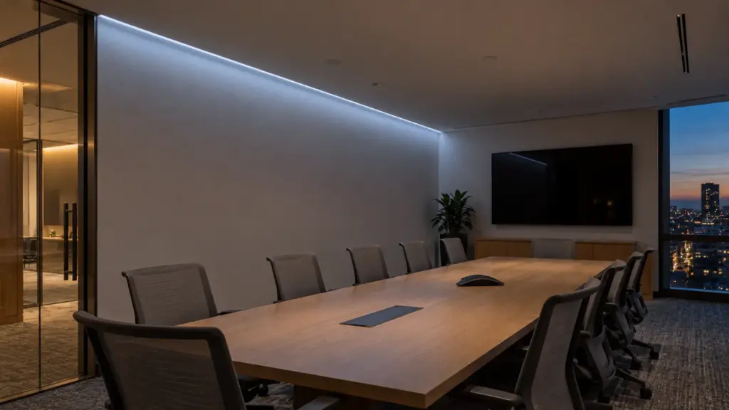 Office conference room with two-channel CSP strip in a wall slot dimmed low at 5000K during a commissioning test