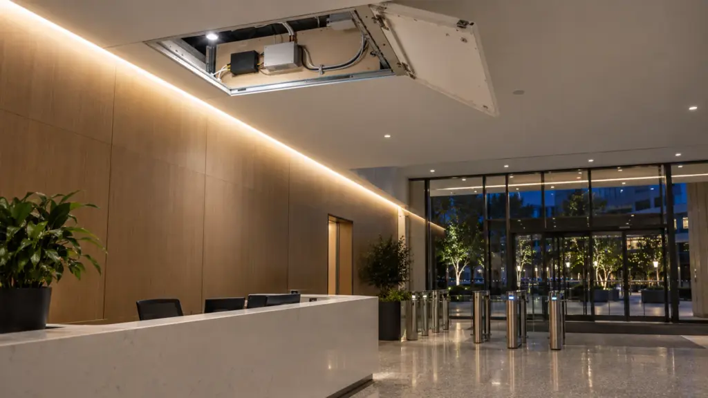 Office entrance hall ceiling access with a small lighting controller, a 24V supply and the data cable leaving toward the cove