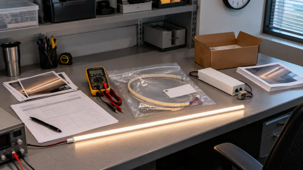 Office building facility work area with the failed LED strip segment bagged and tagged beside the printed run register, a meter and the matching driver