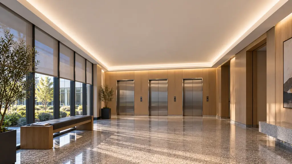 Office building lobby with a finished perimeter cove on constant-current SMD strip behind a deep opal cover, the ceiling evenly lit with no gaps