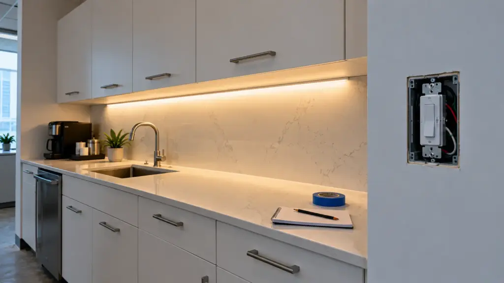 Office pantry with one wall dimmer in an open box and the under-cabinet LED tape test run lit at a low level