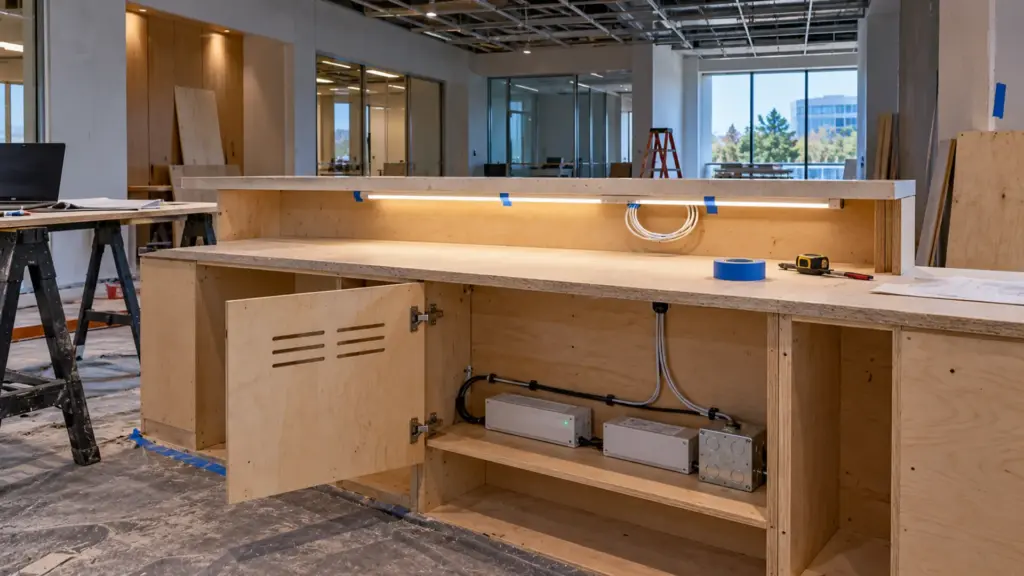 Office reception desk under construction with the driver compartment open and a test strip taped under the ledge