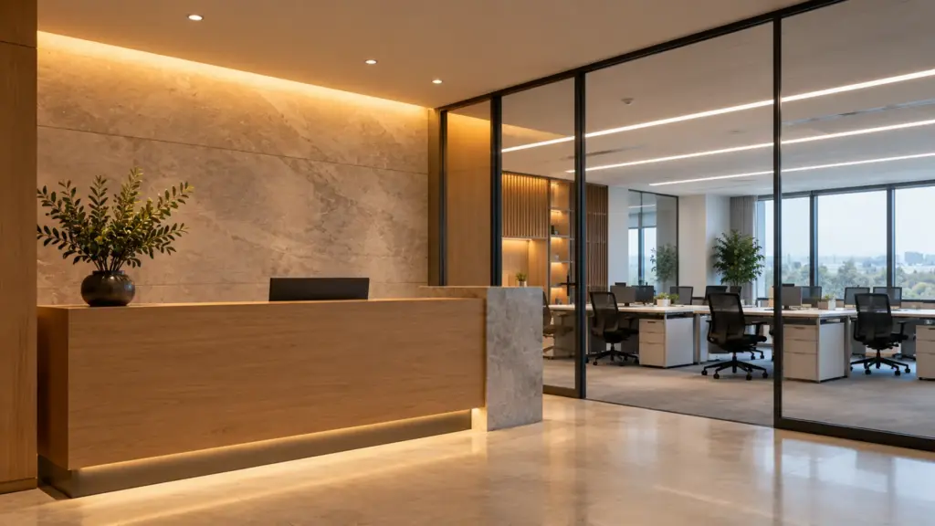 Office reception cove at 3000K stepping to 4000K open workspace beyond