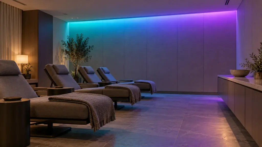 Office wellness room with a cove in teal and violet light from a sealed RGB strip