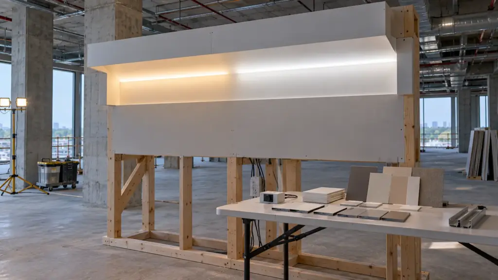 On-site mockup board inside an unfinished building with two tunable white strip samples at 4000K and 5000K