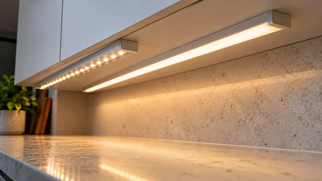 Opal and clear diffusers on under-cabinet LED strip channel side by side