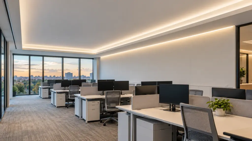 Open-plan office with 2835 LED strip in a perimeter cove around the raised ceiling and slots along the walls at 4000K