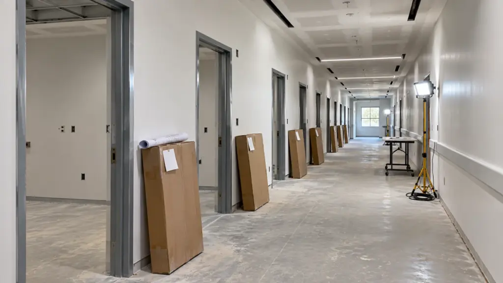 Outpatient clinic corridor at rough-in with a flat carton and a paper tag set against the wall at each exam room door