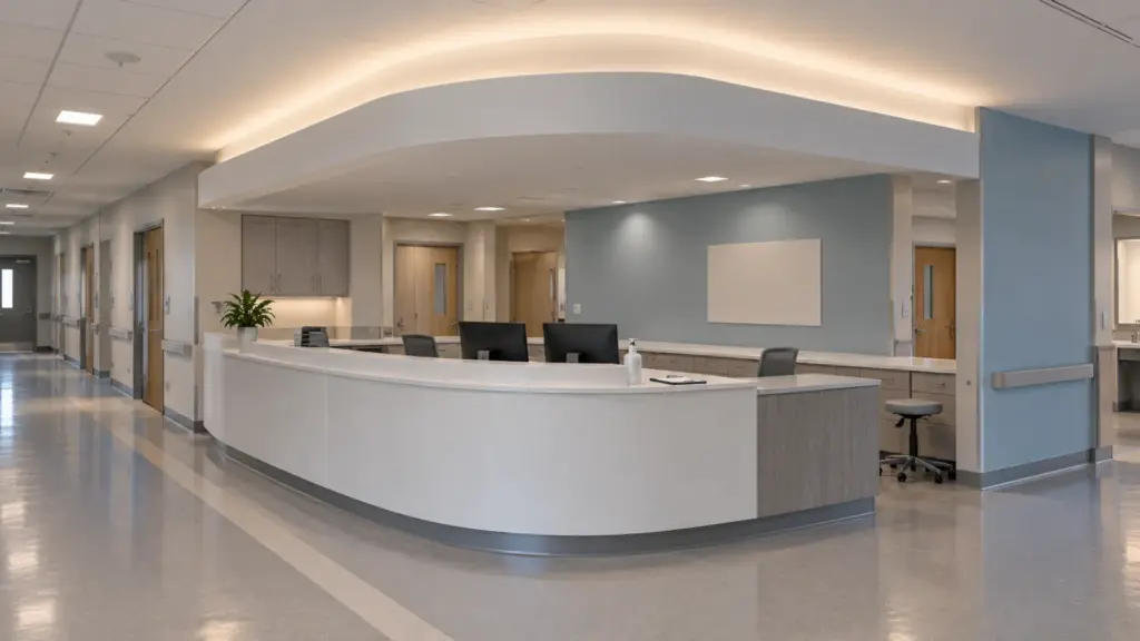 Outpatient clinic nurse station with a ceiling cloud lit by a fully hidden uplight along its edge