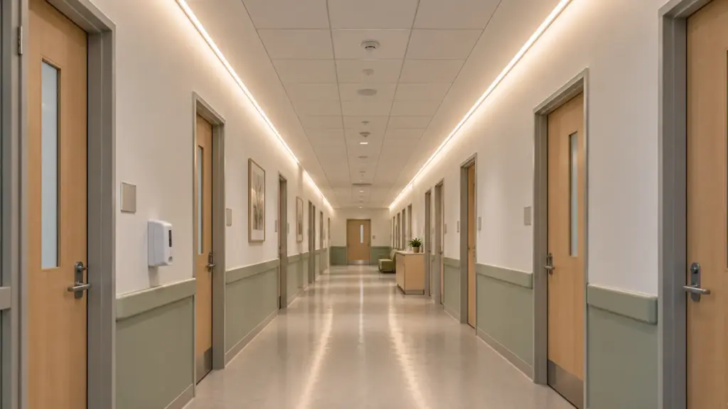Outpatient clinic corridor with continuous SMD LED strip slots along the wall-ceiling joint on both walls, even end to end