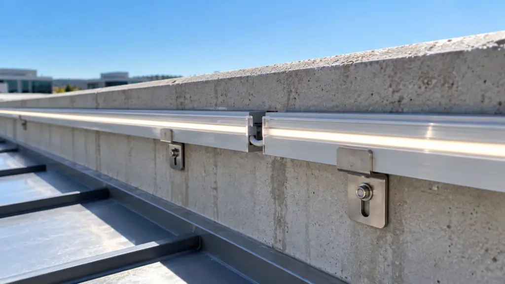 Aluminum LED profile joint with an expansion gap on a sunlit parapet