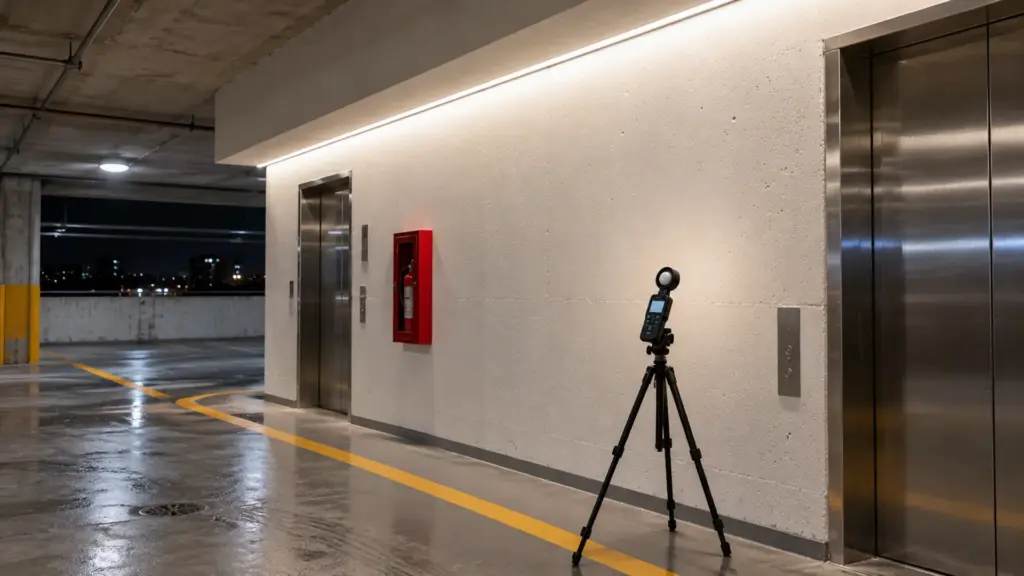 Light meter on a tripod measuring a lit LED cove in a parking garage landing