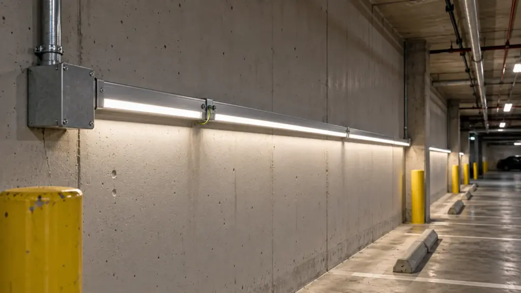 Parking garage wall with 120V LED strip in a metal channel, a bonding jumper across a channel joint and the feed box beside it