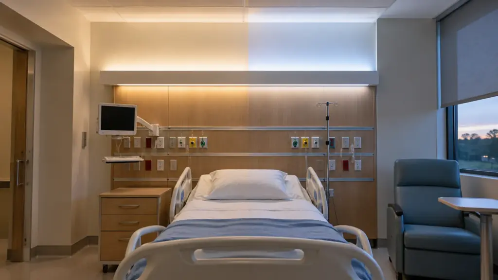 Patient room headwall cove with tunable LED strip shown at two color temperatures