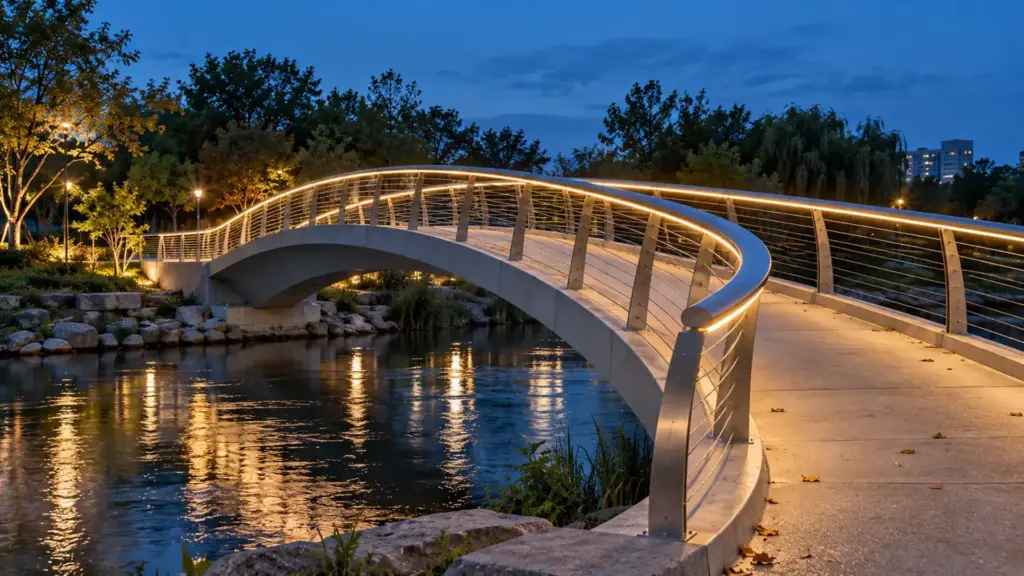 Curved pedestrian bridge at dusk with LED neon flex following the handrail in three dimensions outdoors