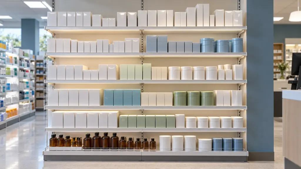Pharmacy wall bay with a fine-cut CSP LED line along each short shelf edge grazing boxed goods, lit almost to the shelf ends