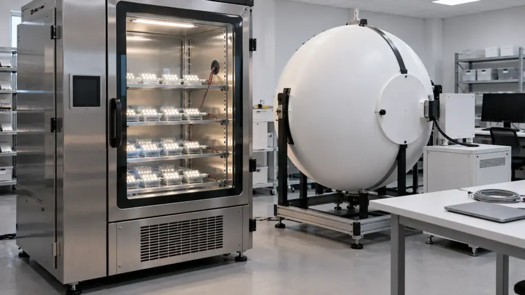 Photometric laboratory with LED samples running in a temperature-controlled chamber beside an integrating sphere
