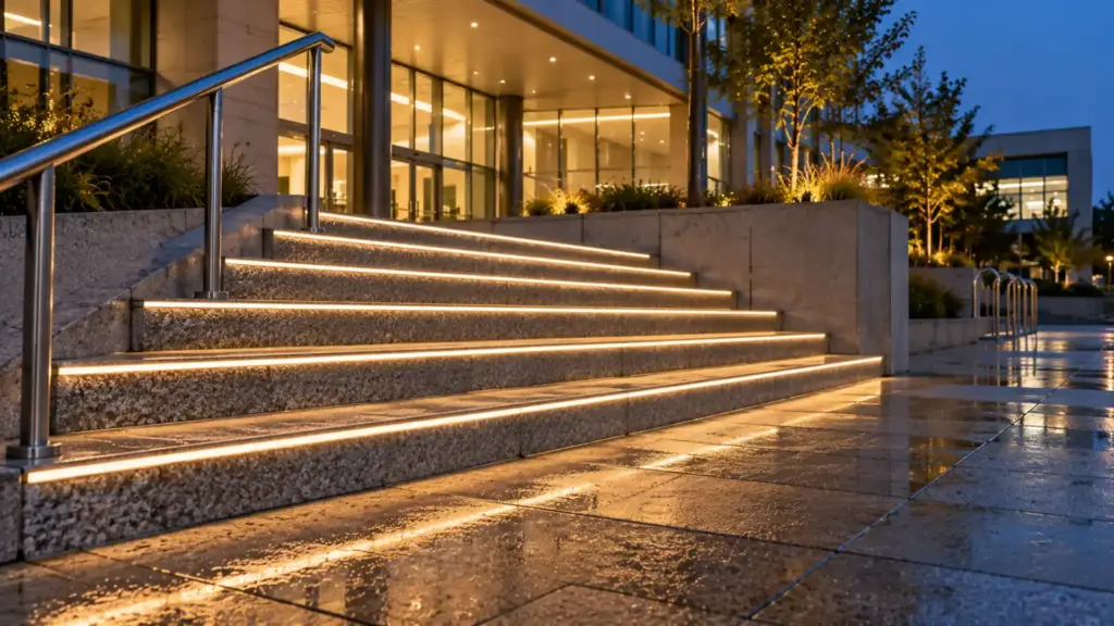 IP68 IK10 neon flex line along a plaza stair edge at dusk