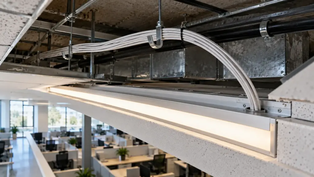 White plenum cable on J-hooks above an open ceiling tile with a lit linear slot below