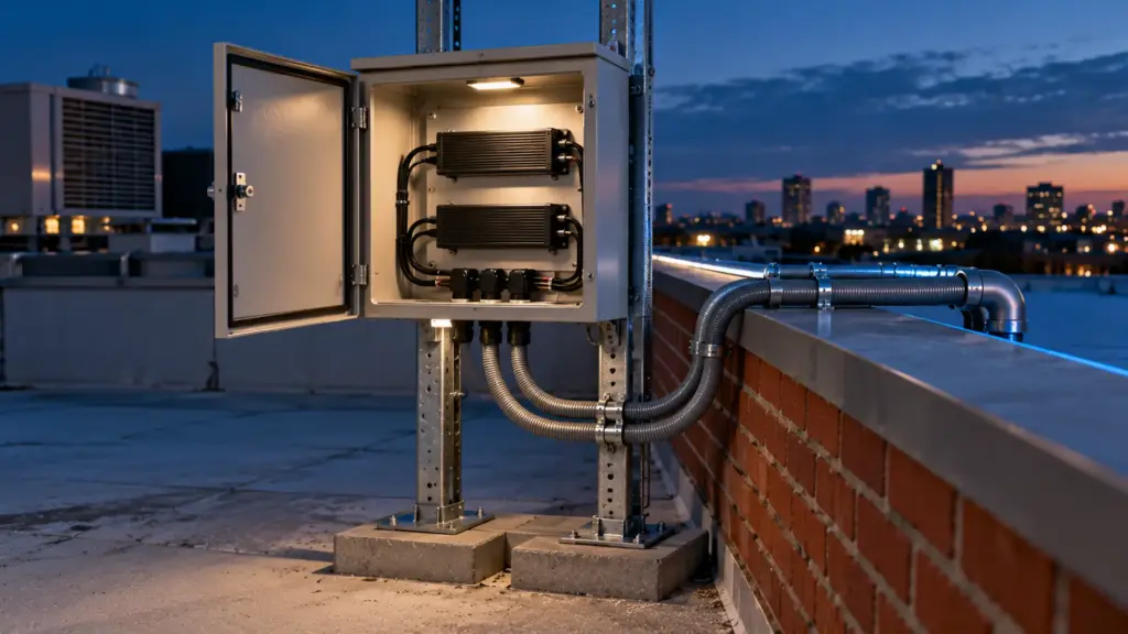 Potted IP67 LED drivers in a weatherproof enclosure behind a roof parapet feeding a facade run