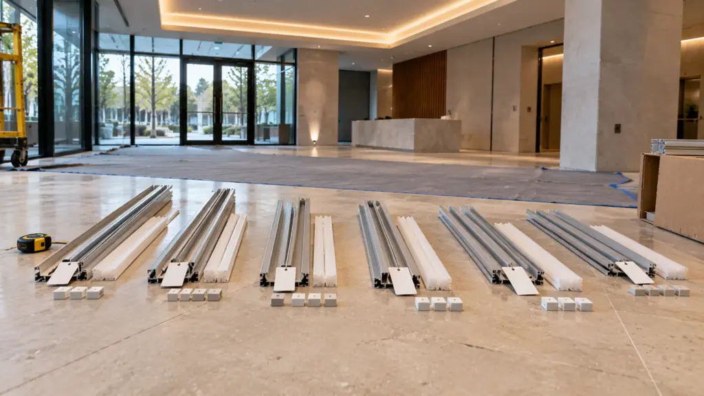 Pre-cut aluminum channel pieces with blank run labels laid out on an entrance hall floor beside the cove they will go into