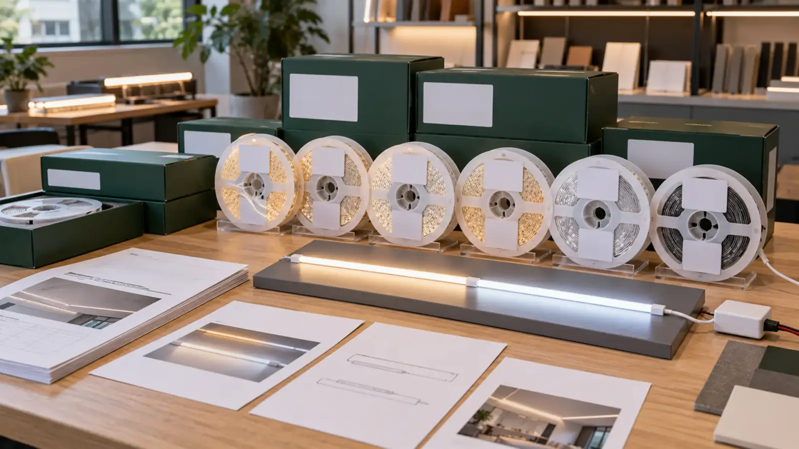 Private label LED strip reels with blank brand labels and matching datasheets on a sample table
