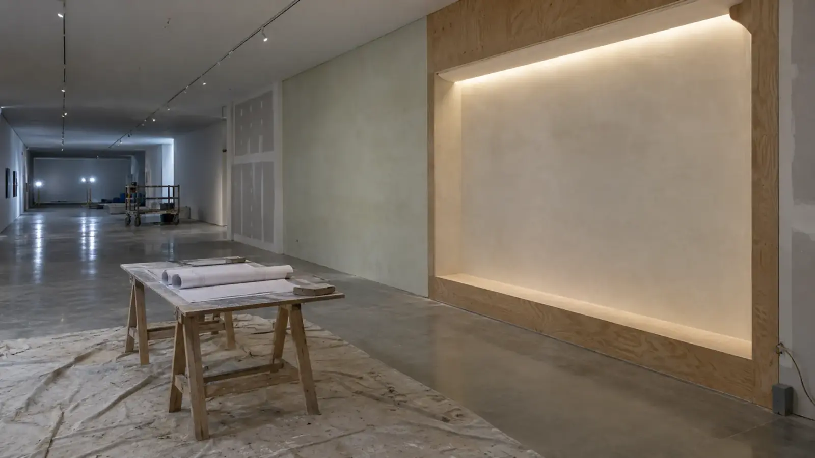 Full-scale LED cove mockup bay lit for review in a museum gallery under renovation
