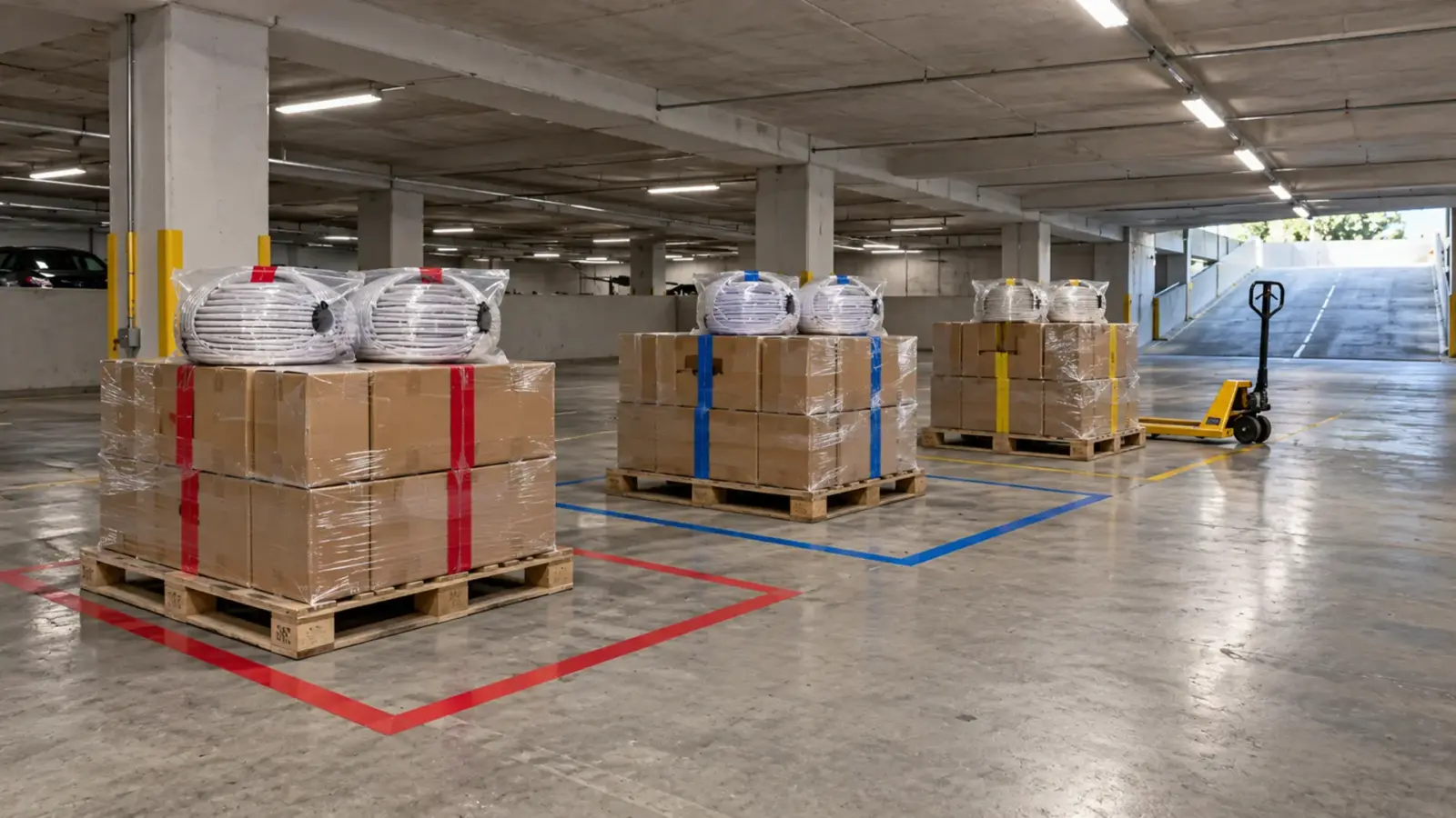 Cartons and reels grouped by area on a parking garage floor for a phased release