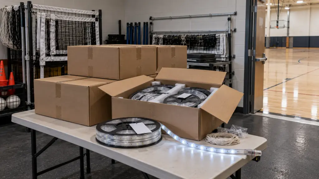 Community recreation center gym equipment room with cartons of addressable LED strip staged for a scoreboard wall project, one reel out with a short lit pixel sample under 5000K light