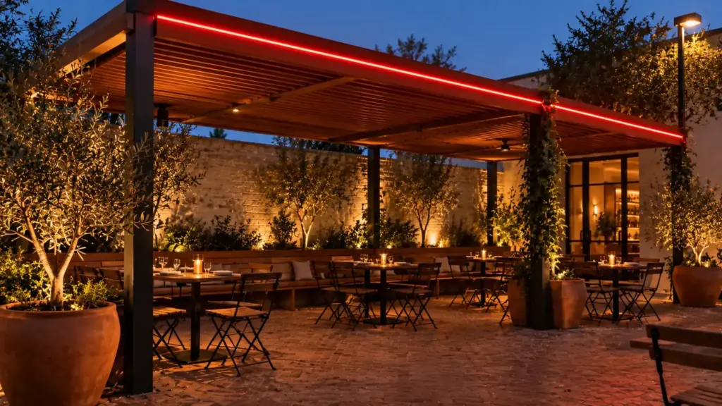 Red LED neon flex along a timber pergola beam over an exterior dining patio at dusk