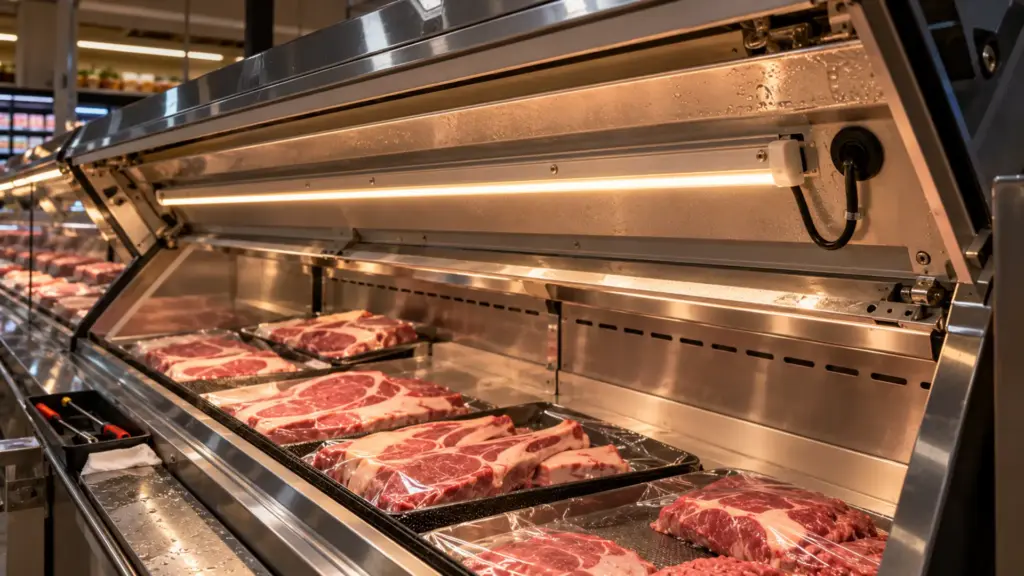 Refrigerated display case canopy opened for service showing IP65 strip in a channel