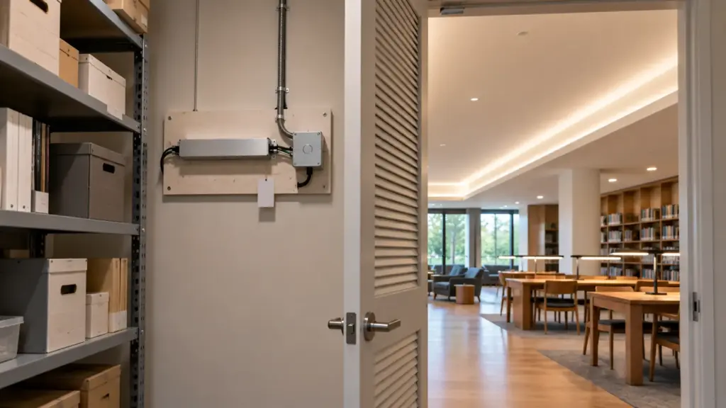 LED driver remote-mounted on a board in a ventilated closet, with the lit ceiling cove of the room beyond the open door