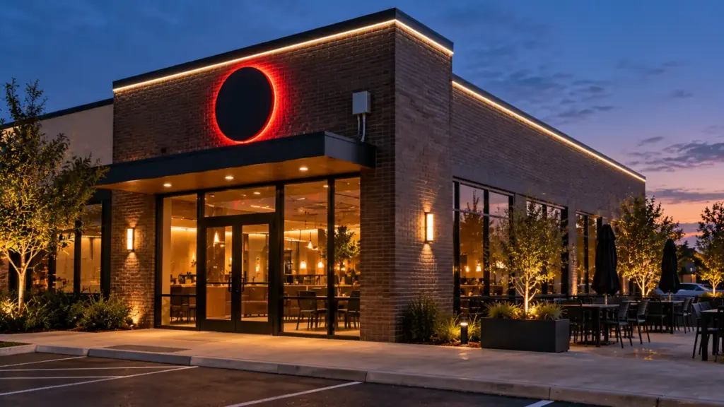 Restaurant facade at dusk with a red halo-lit sign mark and a white outline on the parapet